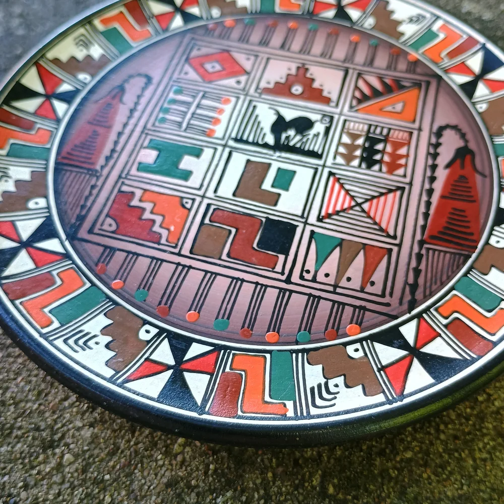 Vintage Peruvian hand-painted wood tribal dish, painted Peruvian wall decor